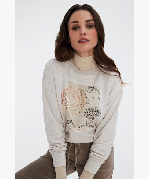 Sweater Terry Foil Flower Print Camel