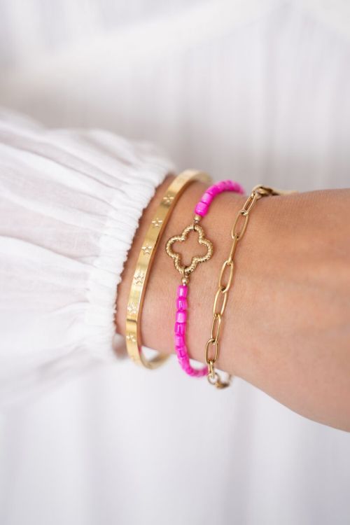 Roze kralenarmband met klaver GOUD