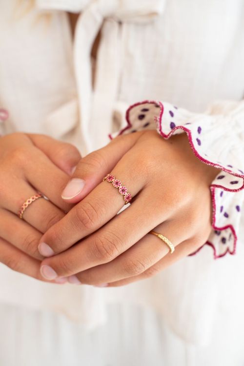 Vintage ring met roze en rode bloemen GOUD