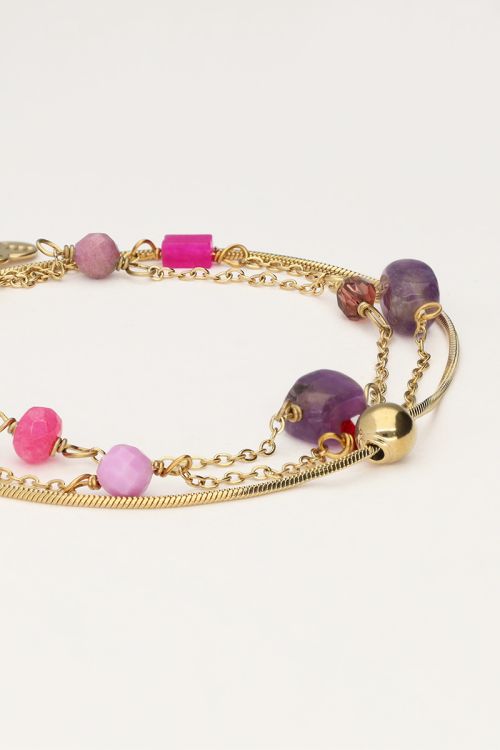 Driedubbele armband met roze en paarse kraaltjes GOUD