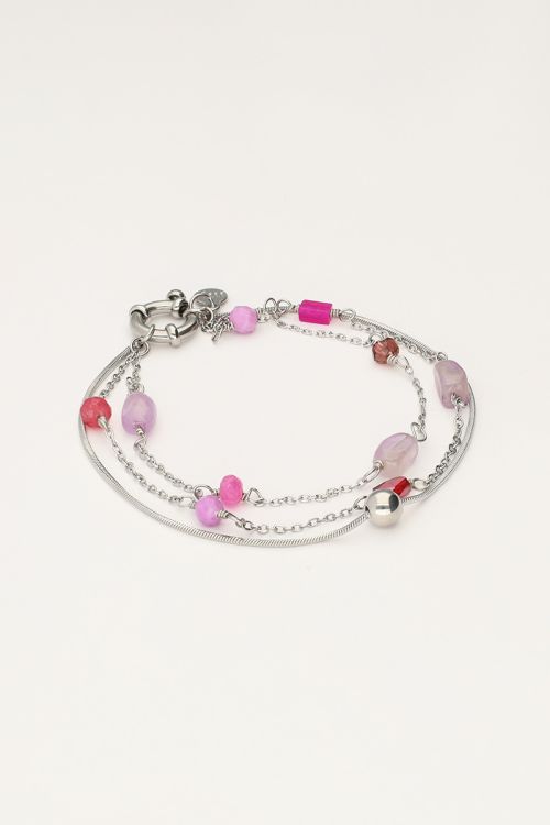 Driedubbele armband met roze en paarse kraaltjes ZILVER