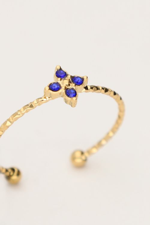 Minimalistische ring met klaver en blauwe strass GOUD