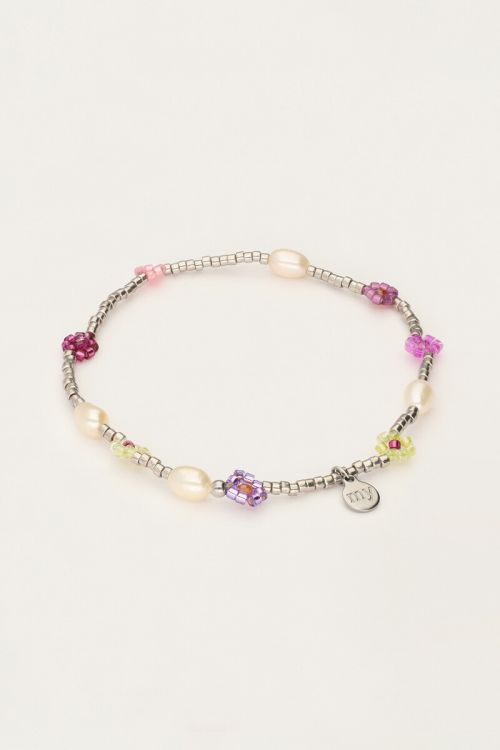 Sunrocks elastieken armband bloemen en parels ZILVER