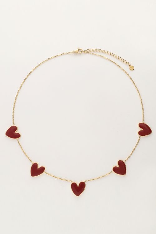Fijne ketting met burgundy hartjes GOUD