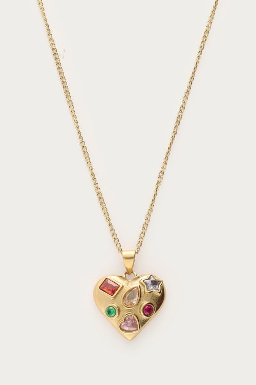 Lange ketting met hartje en multikleur strass GOUD