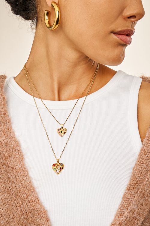 Lange ketting met hartje en multikleur strass GOUD