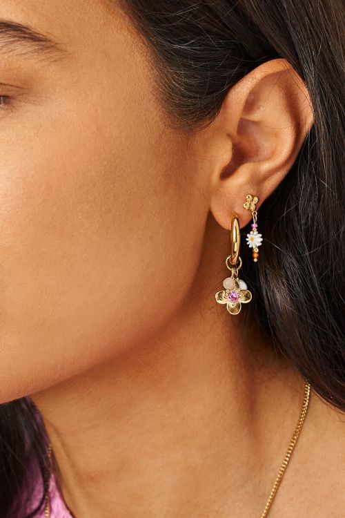 Botanical oorringen met bloem en roze strass GOUD