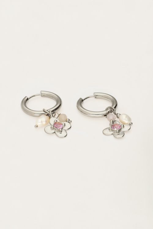 Botanical oorringen met bloem en roze strass ZILVER