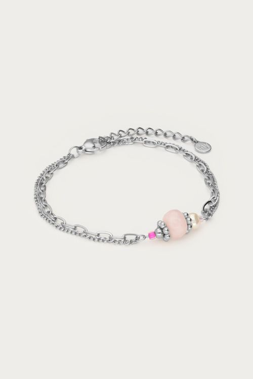 Botanical Dubbele armband met roze kraal ZILVER