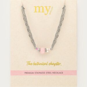Botanical dubbele ketting met roze steen ZILVER