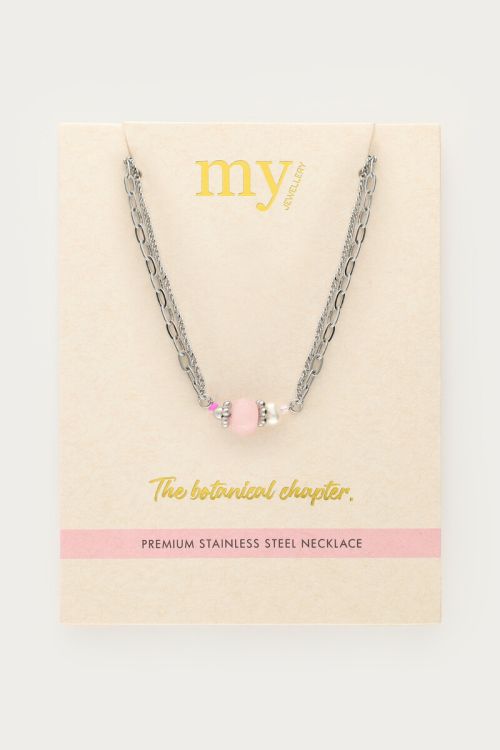 Botanical dubbele ketting met roze steen ZILVER