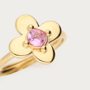 Botanical ring met bloem en roze strass steen GOUD