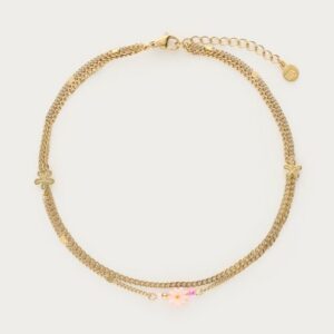 Dubbele enkelband met roze bloem GOUD