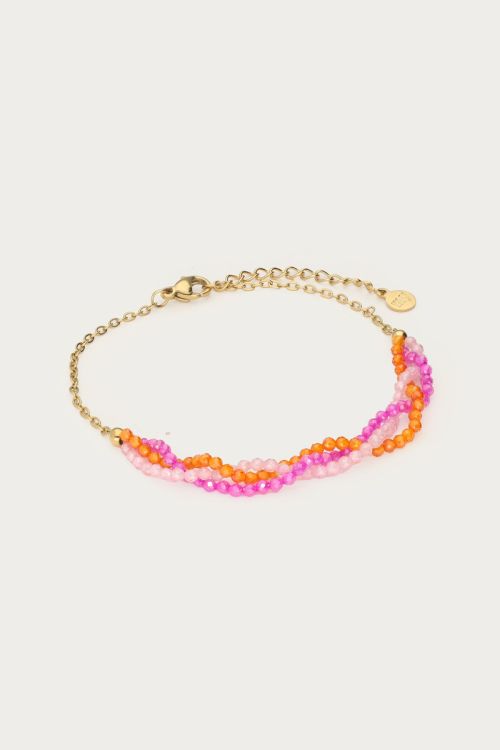 Ciao gevlochten armband met roze en oranje kralen GOUD
