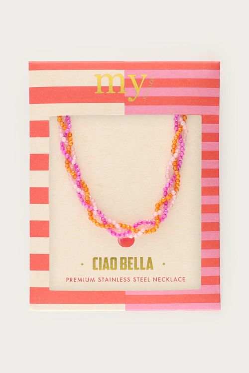 Ciao gevlochten ketting met roze en oranje kralen GOUD