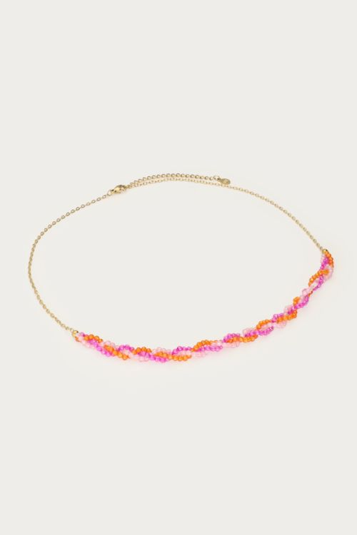 Ciao gevlochten ketting met roze en oranje kralen GOUD