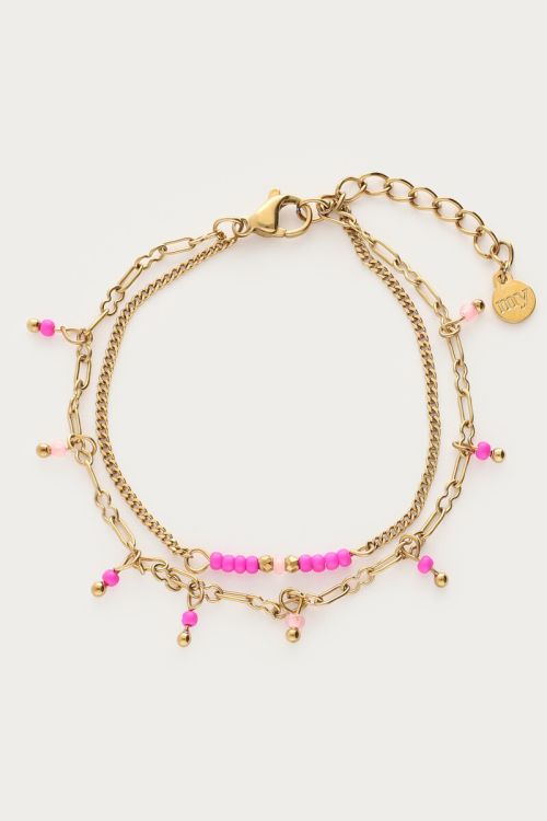 Dubbele armband met roze kralen GOUD