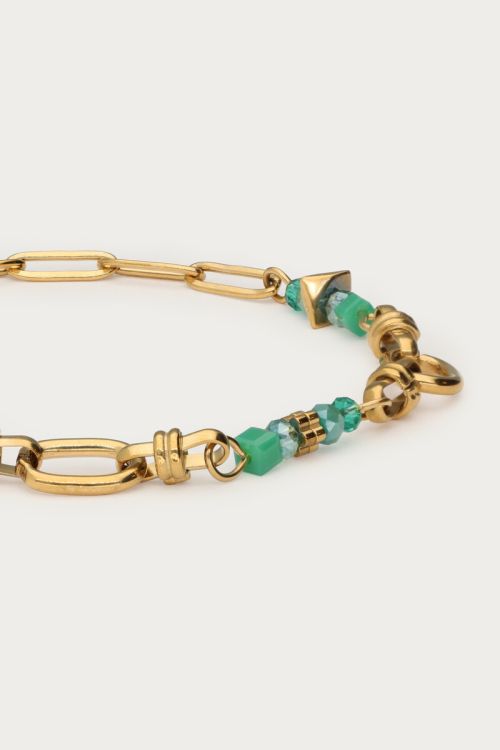 Ovale schakelarmband met groene kralen GOUD