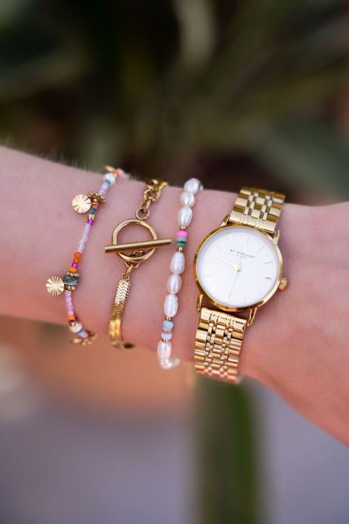 Rond horloge met schakels & witte wijzerplaat GOUD
