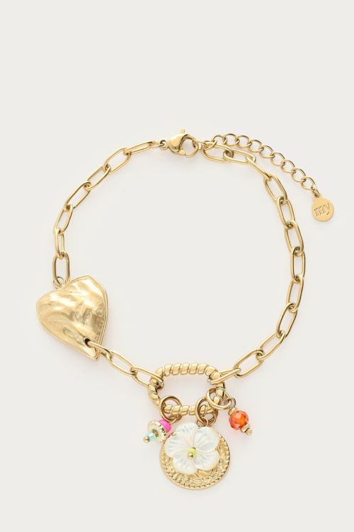 Schakelarmband met hartje en multibedels GOUD