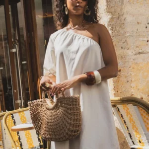 Linnen blend off shoulder jurk beige
