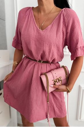 Tetra jurk met riem en rufflemouw