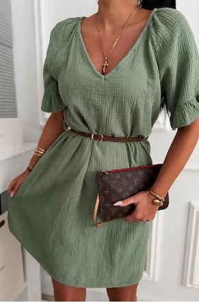 Tetra jurk met riem en rufflemouw
