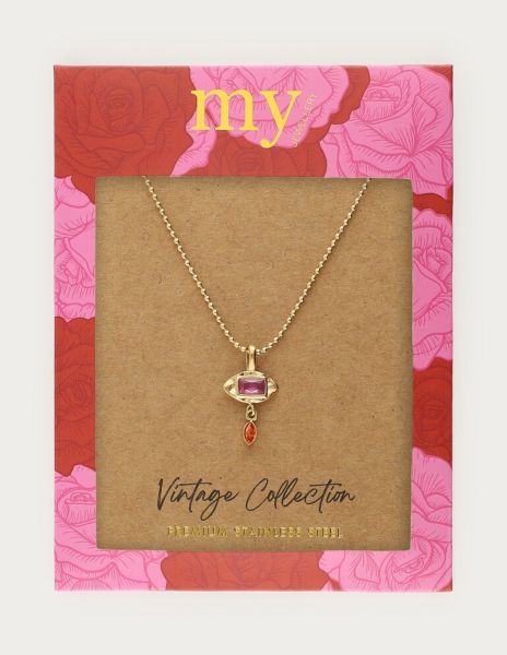 Vintage ketting met roze strass steen GOUD