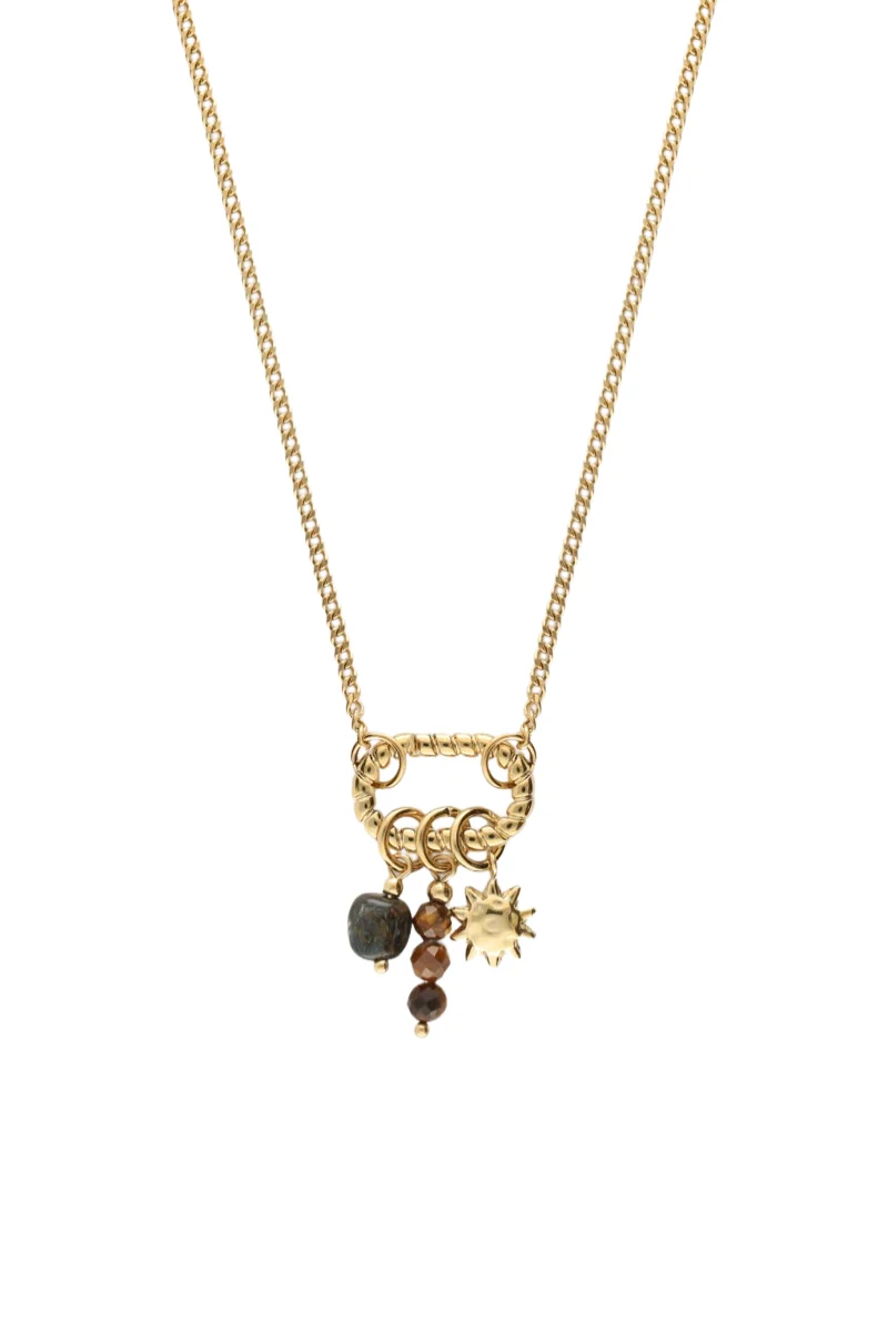 Sunrocks ketting zon en bruine kralen GOUD